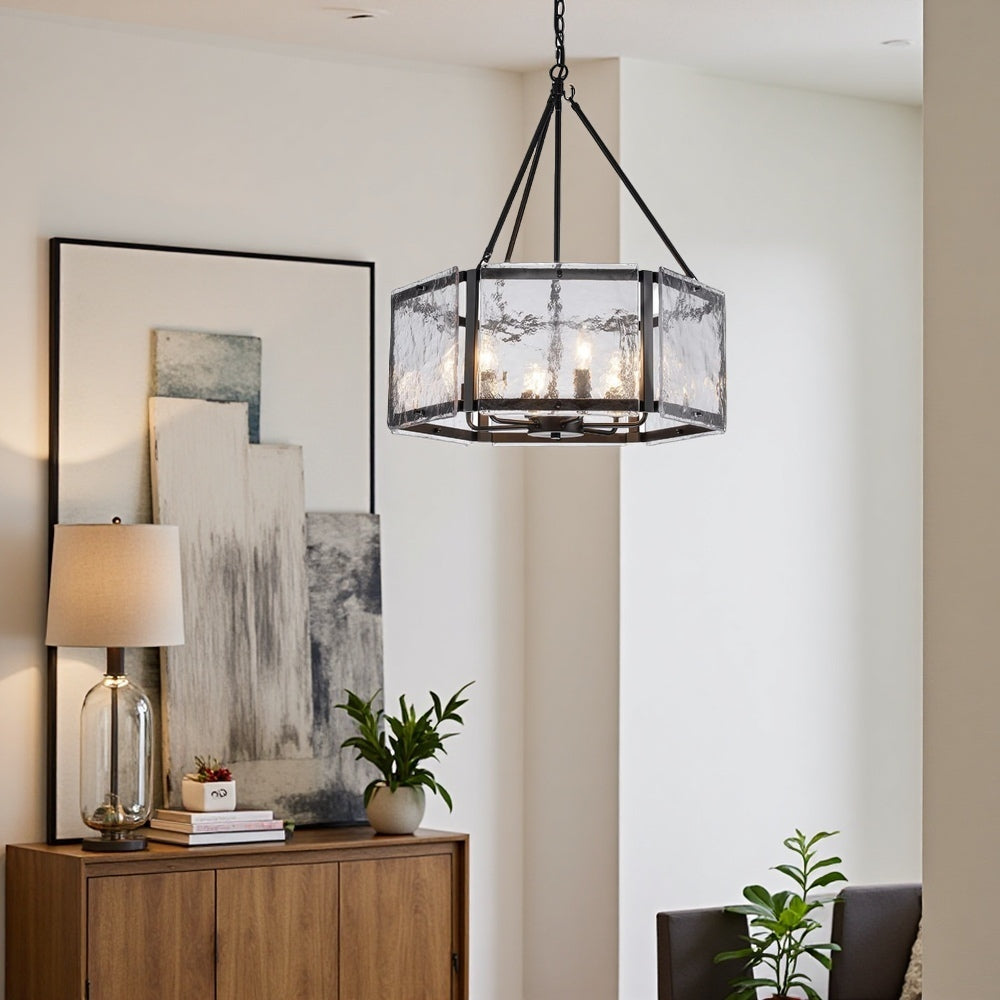 Textured Water Ripple Drum Chandelier - 6-Light Glass Pendant Light