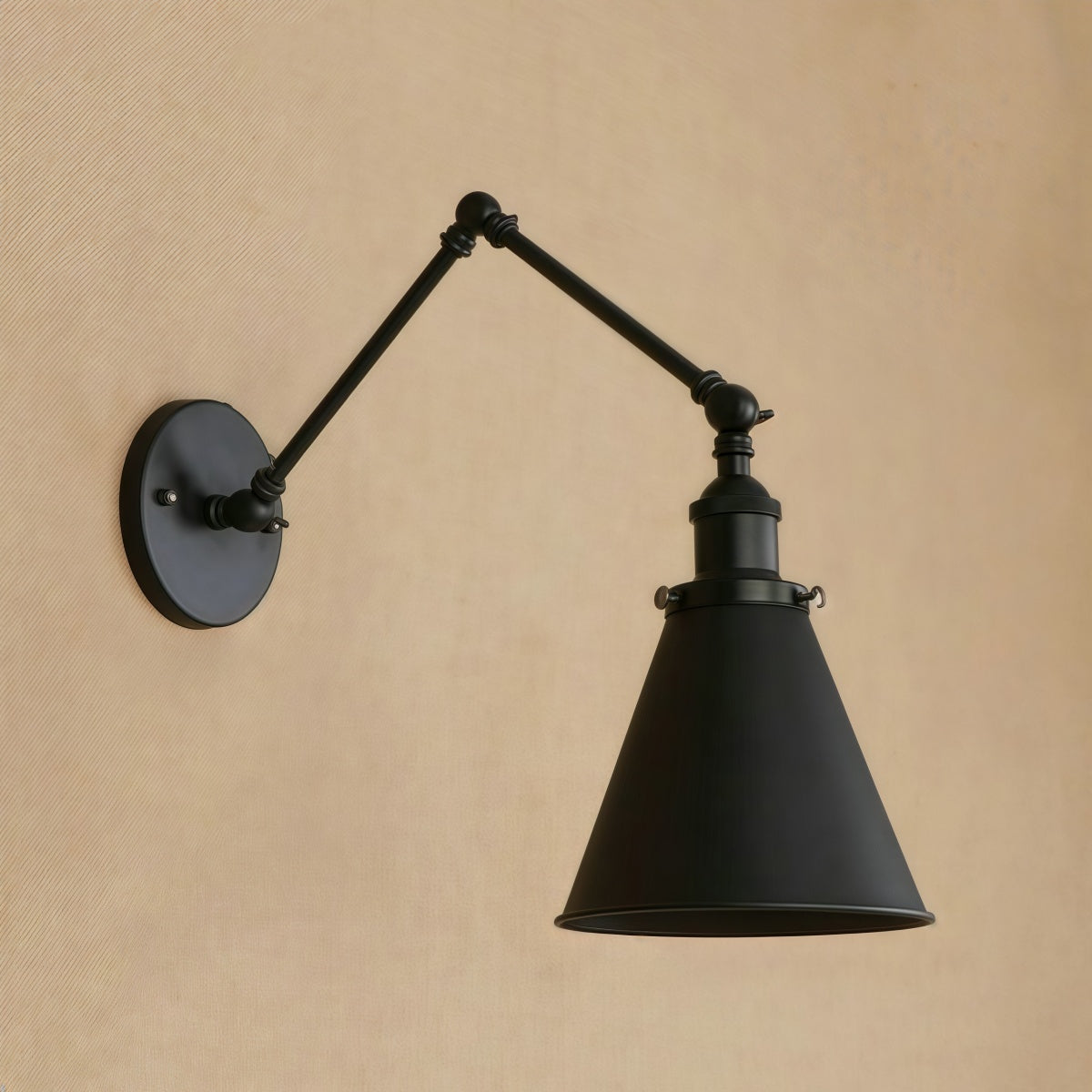 Industrial Swing Arm Wall Light – Black Adjustable Metal Farmhouse Lamp