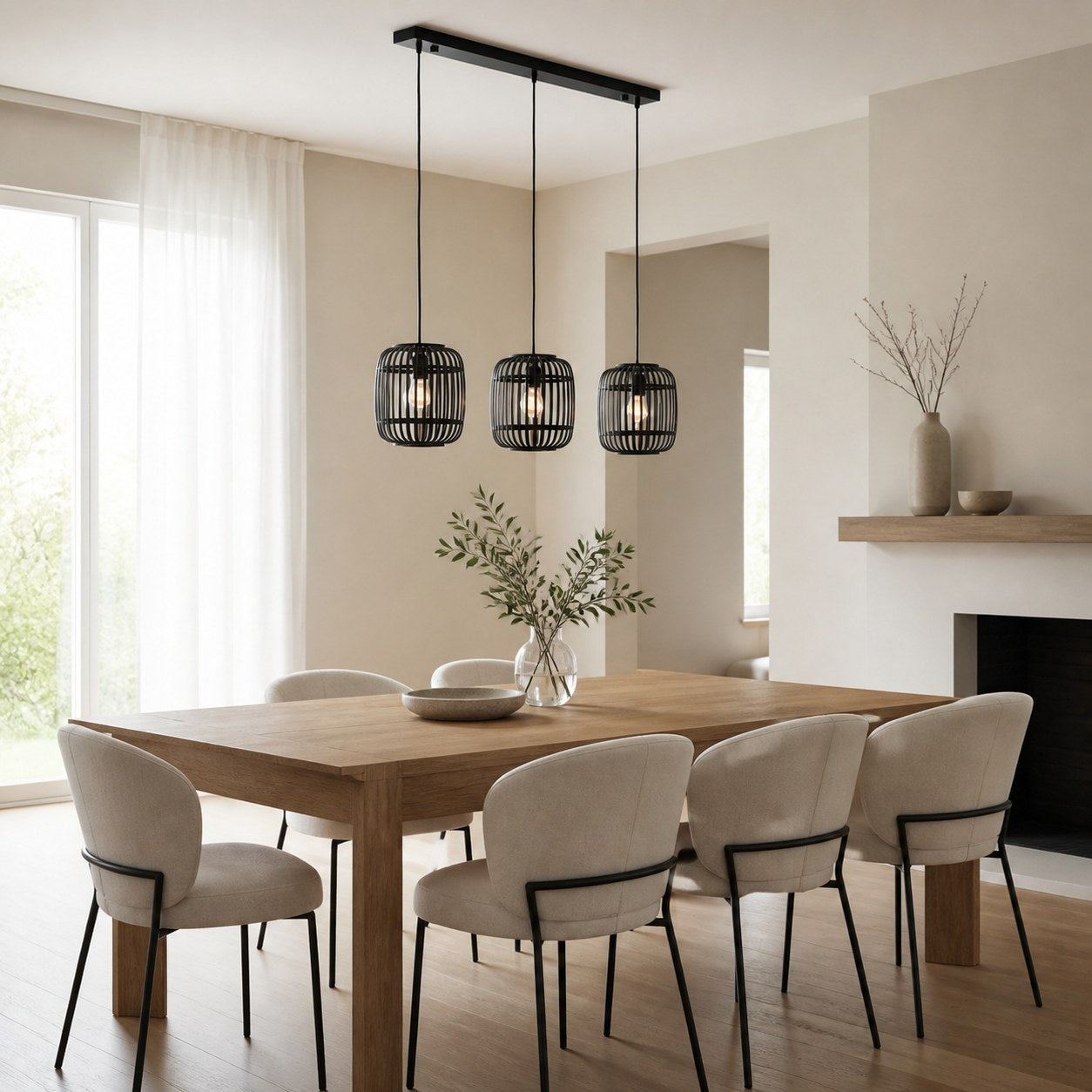 Yumeko Adjustable Bamboo Pendant Lamp - Natural Cage Ceiling Light Perfect for Living & Dining Rooms