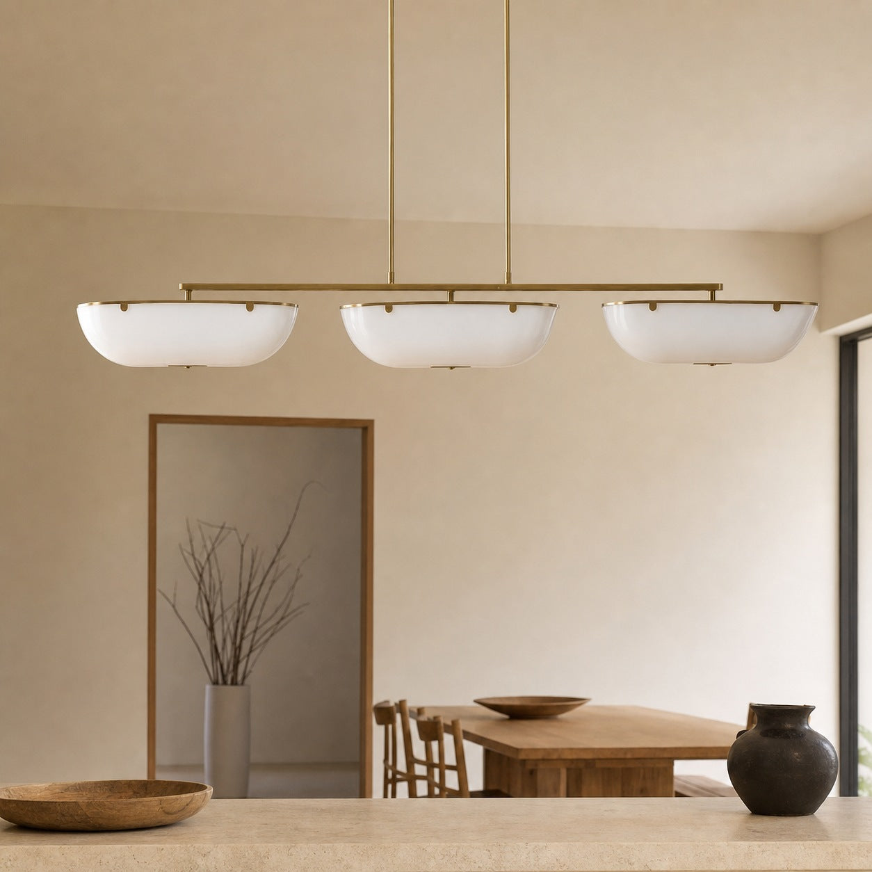 Ferosa Boat-Shaped Lampshade Linear Chandelier - Antique Brass with Milk Glass