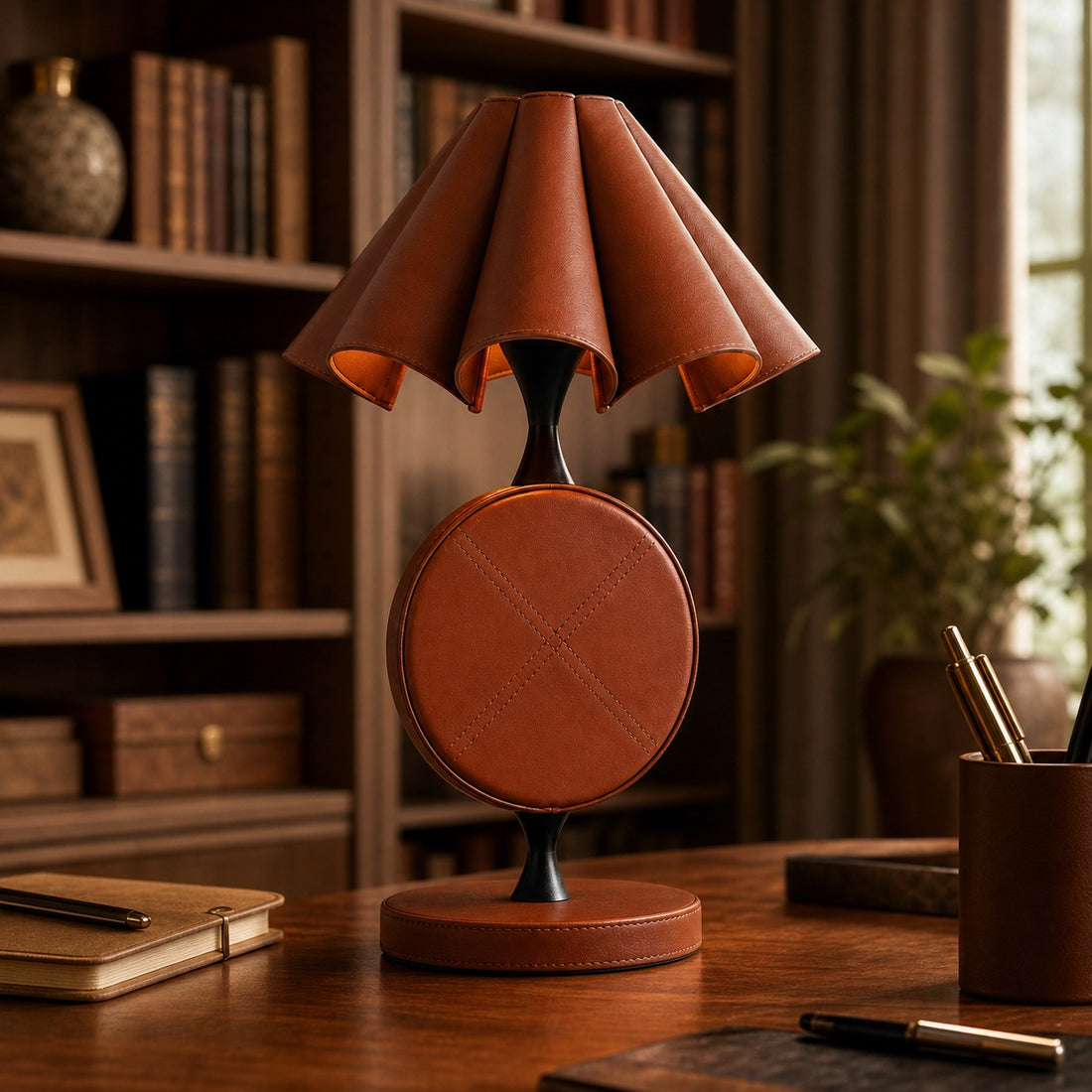 Folded leather table lamp in a study setting
