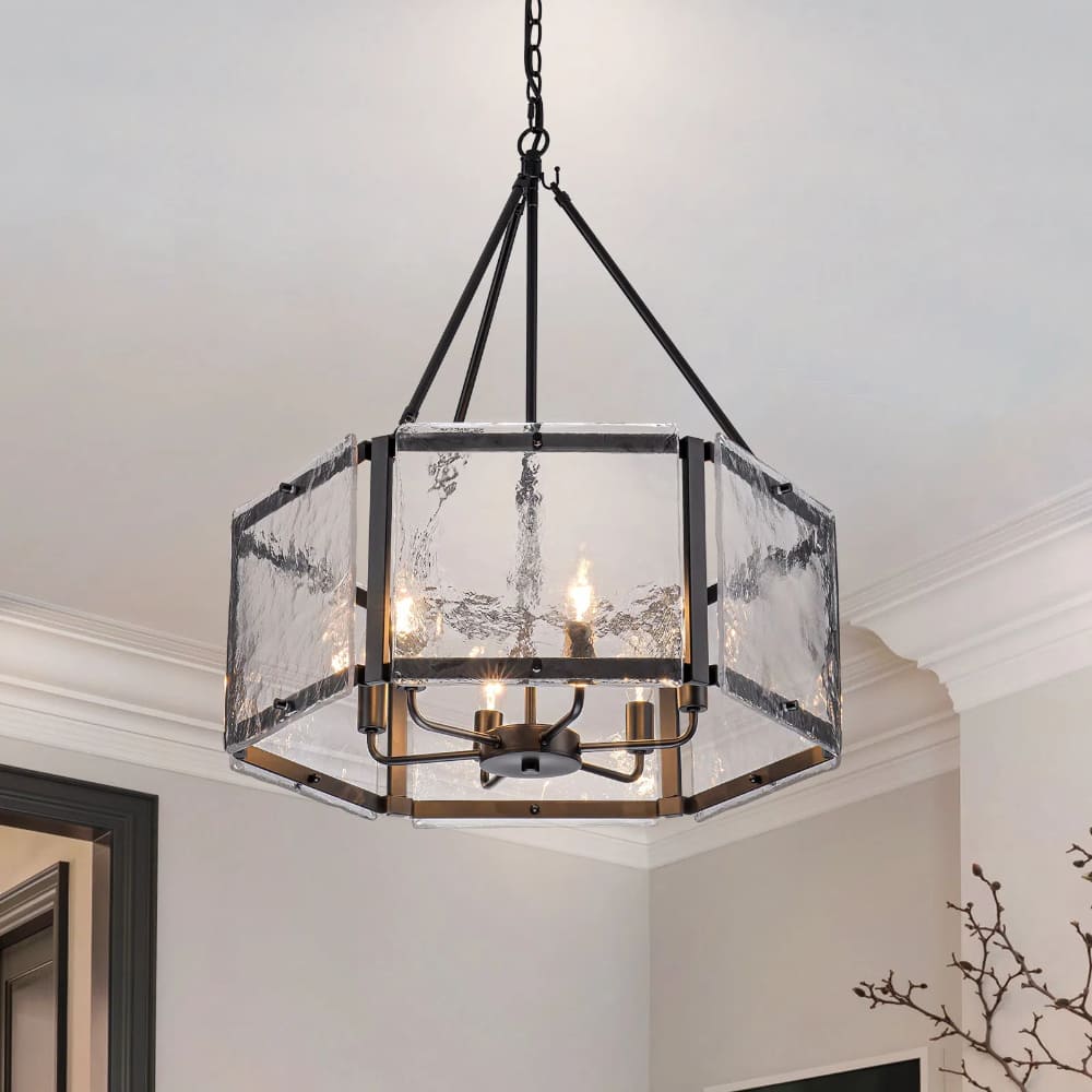 Textured Water Ripple Drum Chandelier - 6-Light Glass Pendant Light