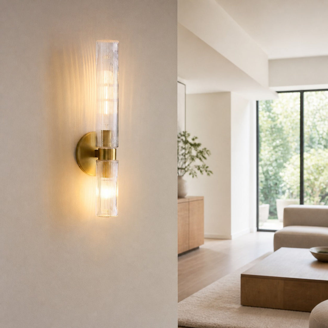 Rivora Fluted Glass Double Short Sconce - Indoor Outdoor Wall Light Elegance