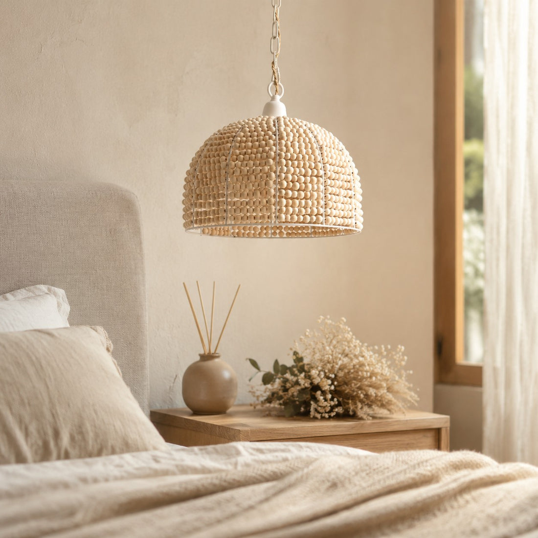 Natural Wood Bead Pendant Light with Wabi-Sabi Dome Shade