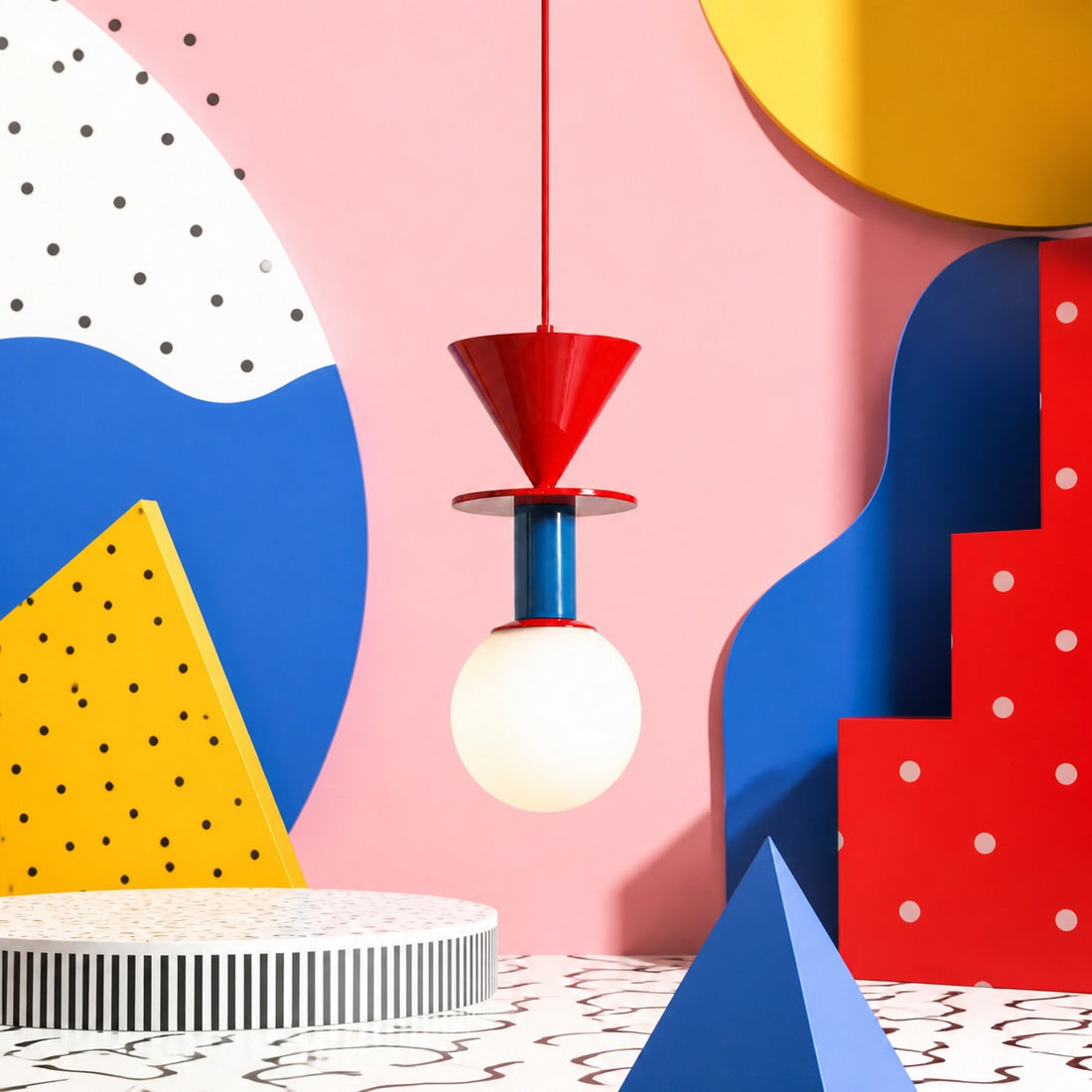 Luma pendant light in a colorful Memphis interior