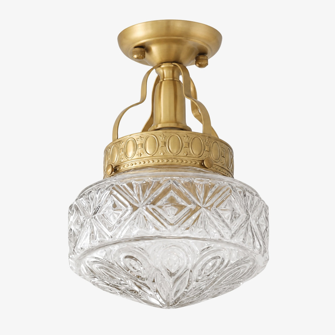 Clear pressed glass Art Deco ceiling light with brass finish