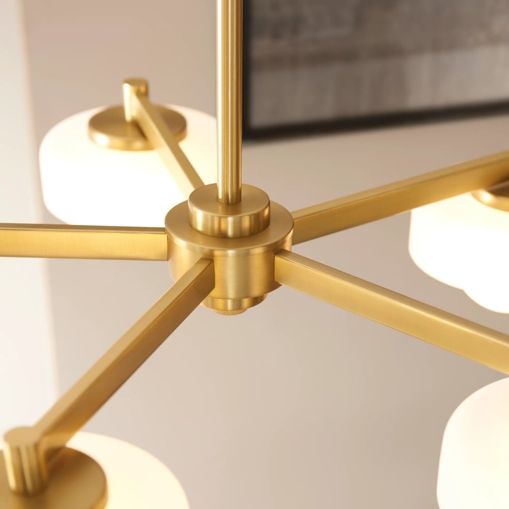 Zirvos Pendant with Frosted Opal Globes and Brushed Brass Frame for Living and Dining