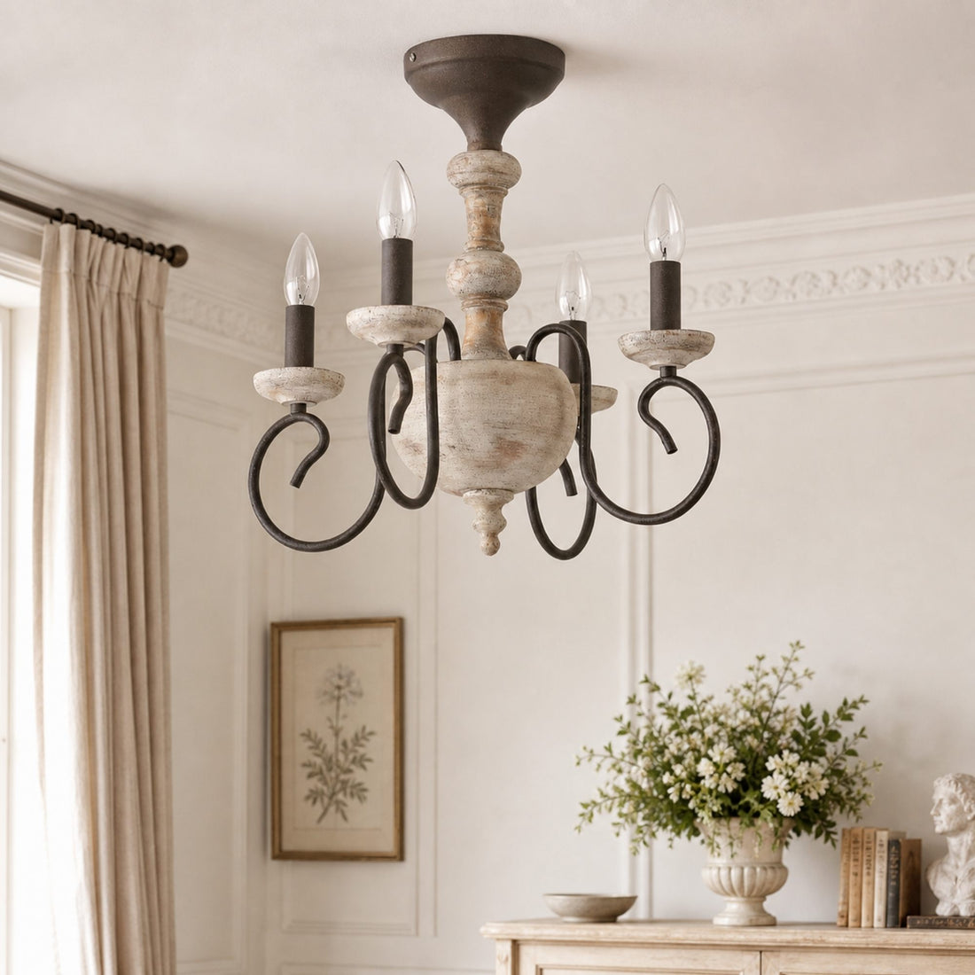 cream room scene with rustic four light semi flush chandelier
