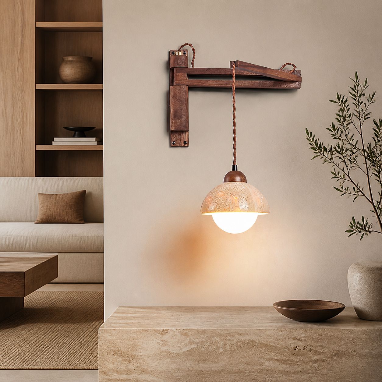Tia Travertine Swing Arm Plug-in Sconce