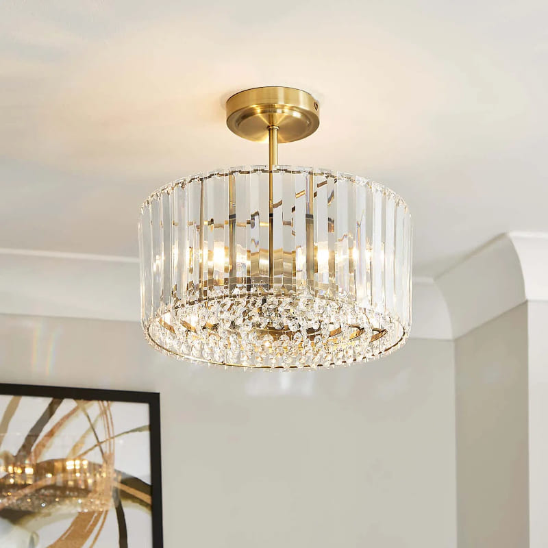 Crus Semi Flush Crystal Ceiling Light - Brass Glass Light For Bedroom