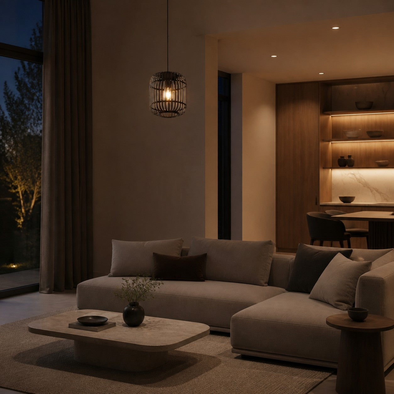 Yumeko Adjustable Bamboo Pendant Lamp - Natural Cage Ceiling Light Perfect for Living & Dining Rooms