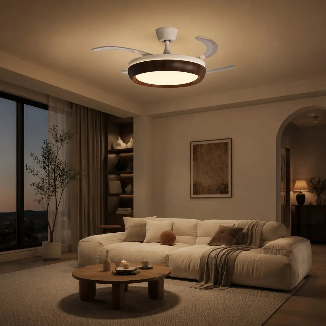 Walnut-tone ceiling fan light in a warm living room