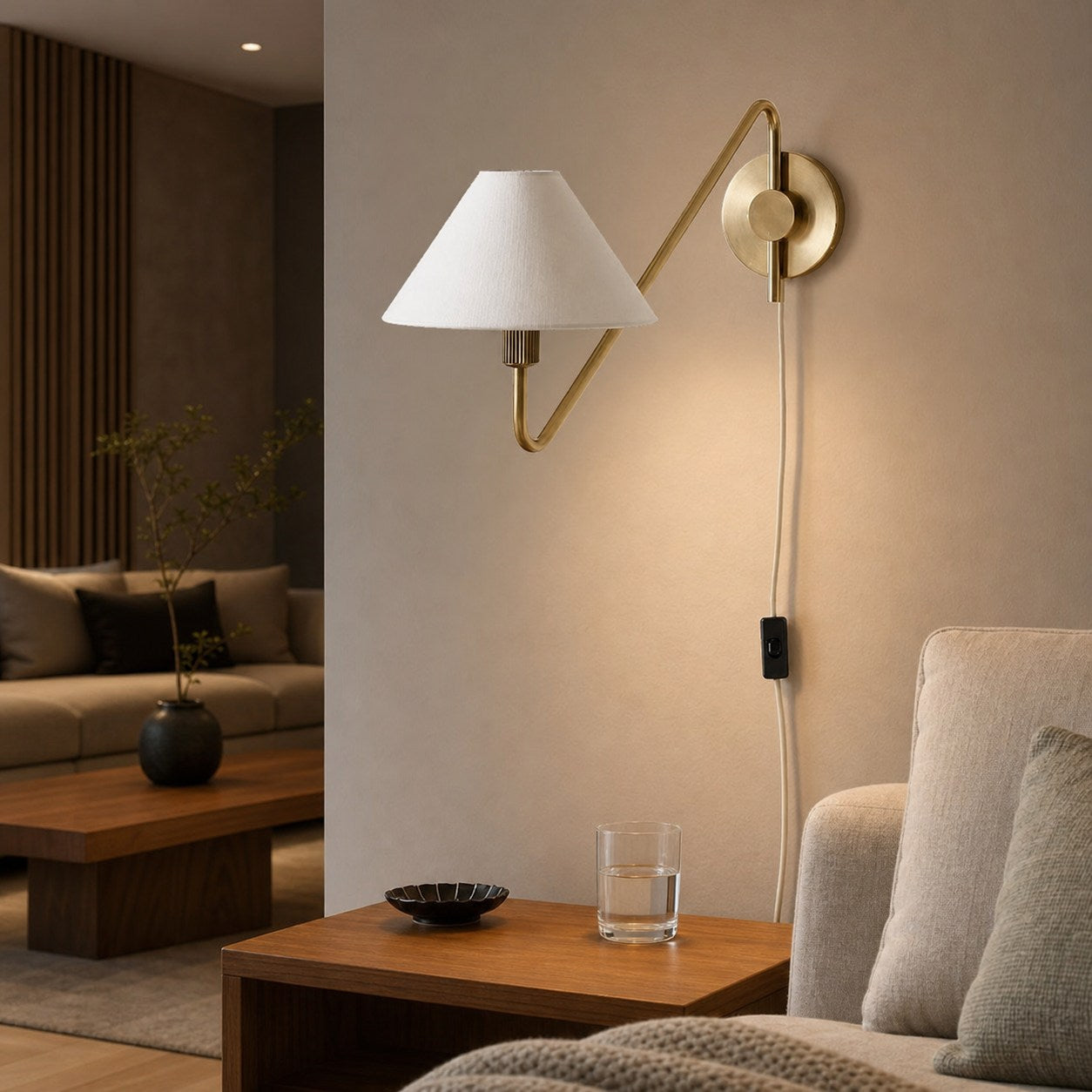Diora Plug-In Wall Sconce - Champagne Bronze Adjustable Arm Lamp with Linen Shade