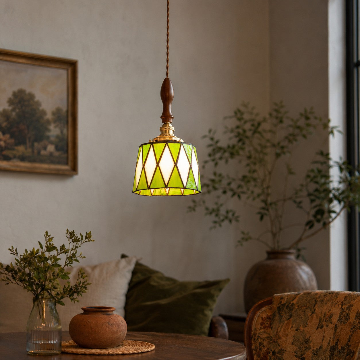 Vintage Green Stained Glass Pendant Light