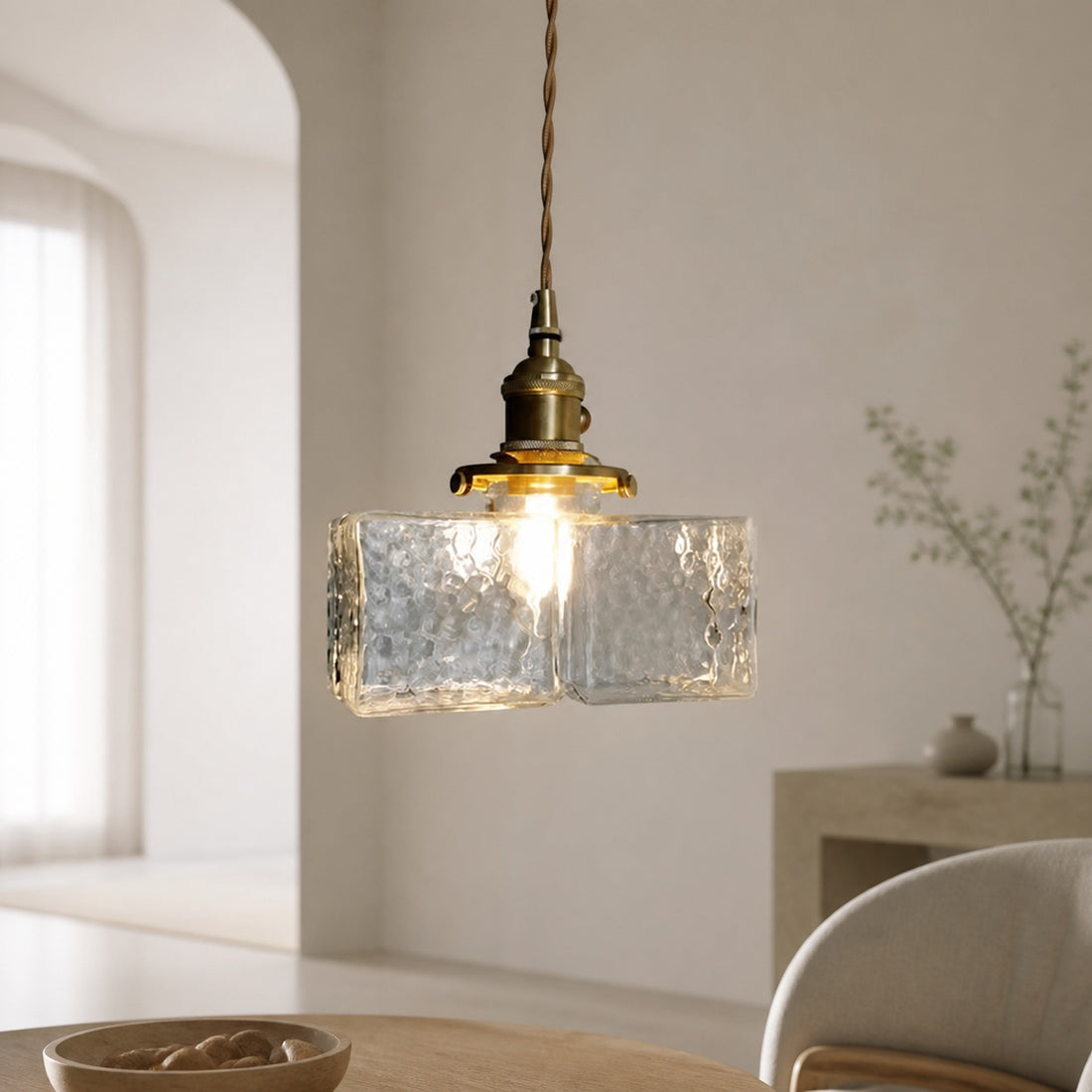 Traditional Vintage Square Rectangle Ripple Glass Iron 1-Light Pendant Light For Living Room