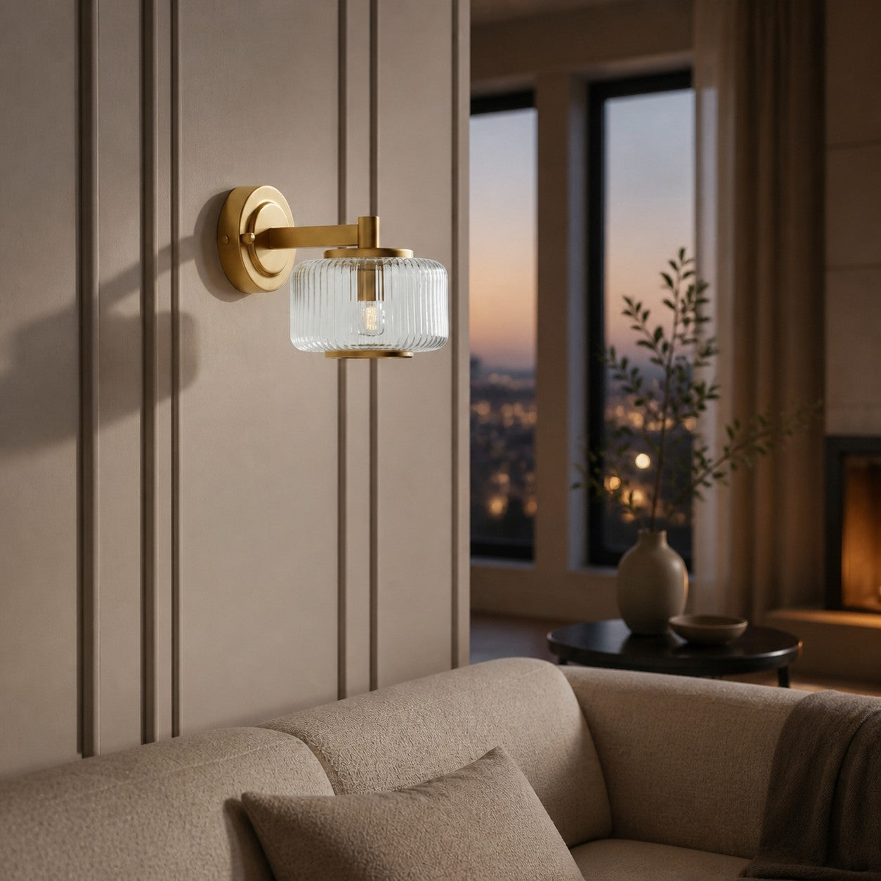 Canovus Ribbed Glass Shade Wall Lamp - Elegant Brass Sconce for Living Room Lighting