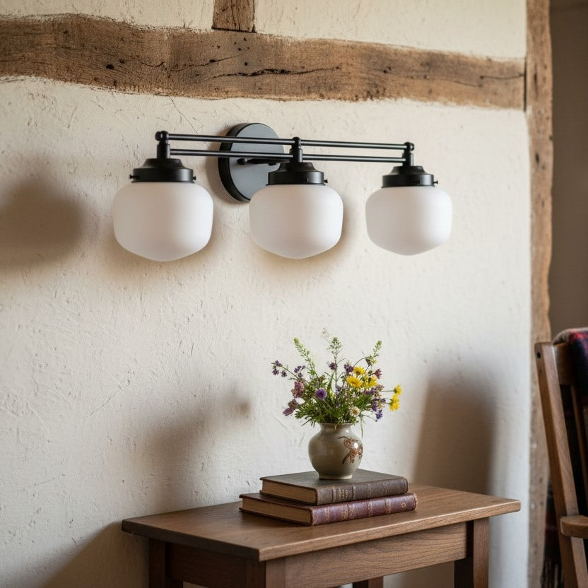 Opalume Glass Art Deco Vanity Light - Bathroom Wall Sconce with White Glass Shades