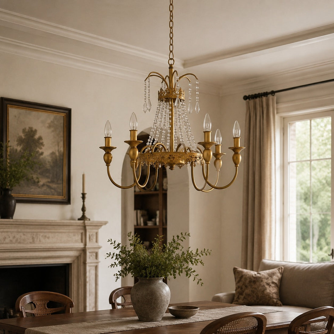 French Six-Light Candle Chandelier with Crystal Draping