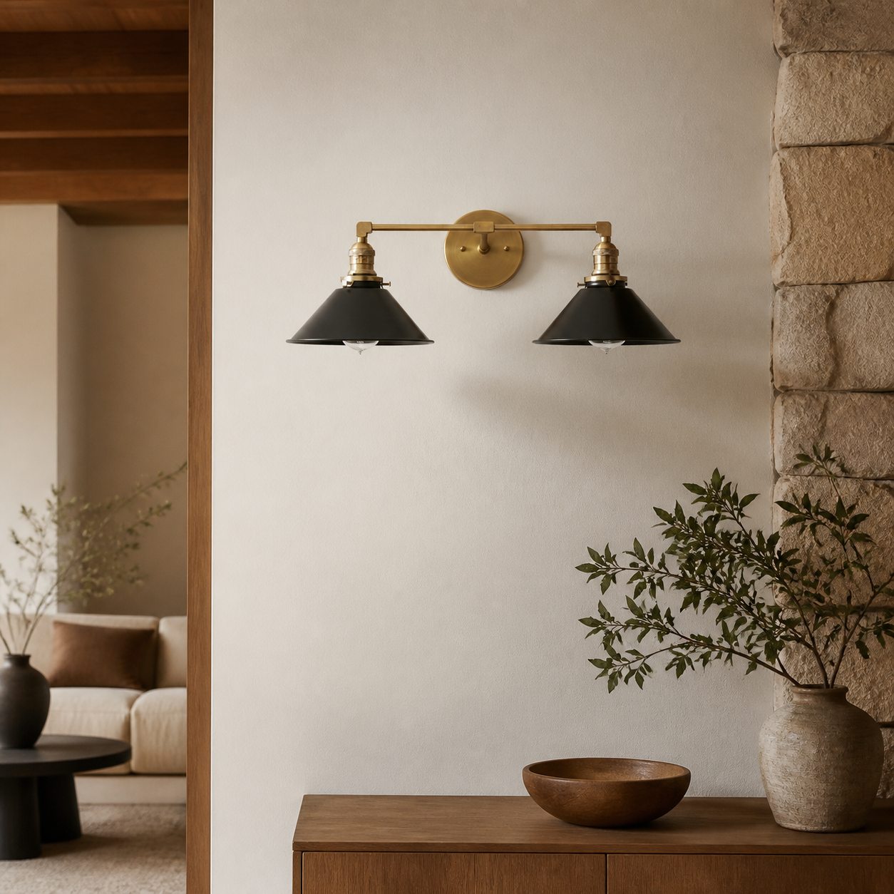 Conique Metal Dual Black Sconce with Cone Shades - Industrial Vanity Wall Light for Mirror
