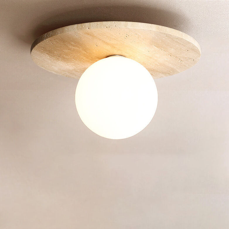 Japanese Minimalist Round Yellow Travertine Shade 1-Light Semi-Flush Mount Ceiling Light