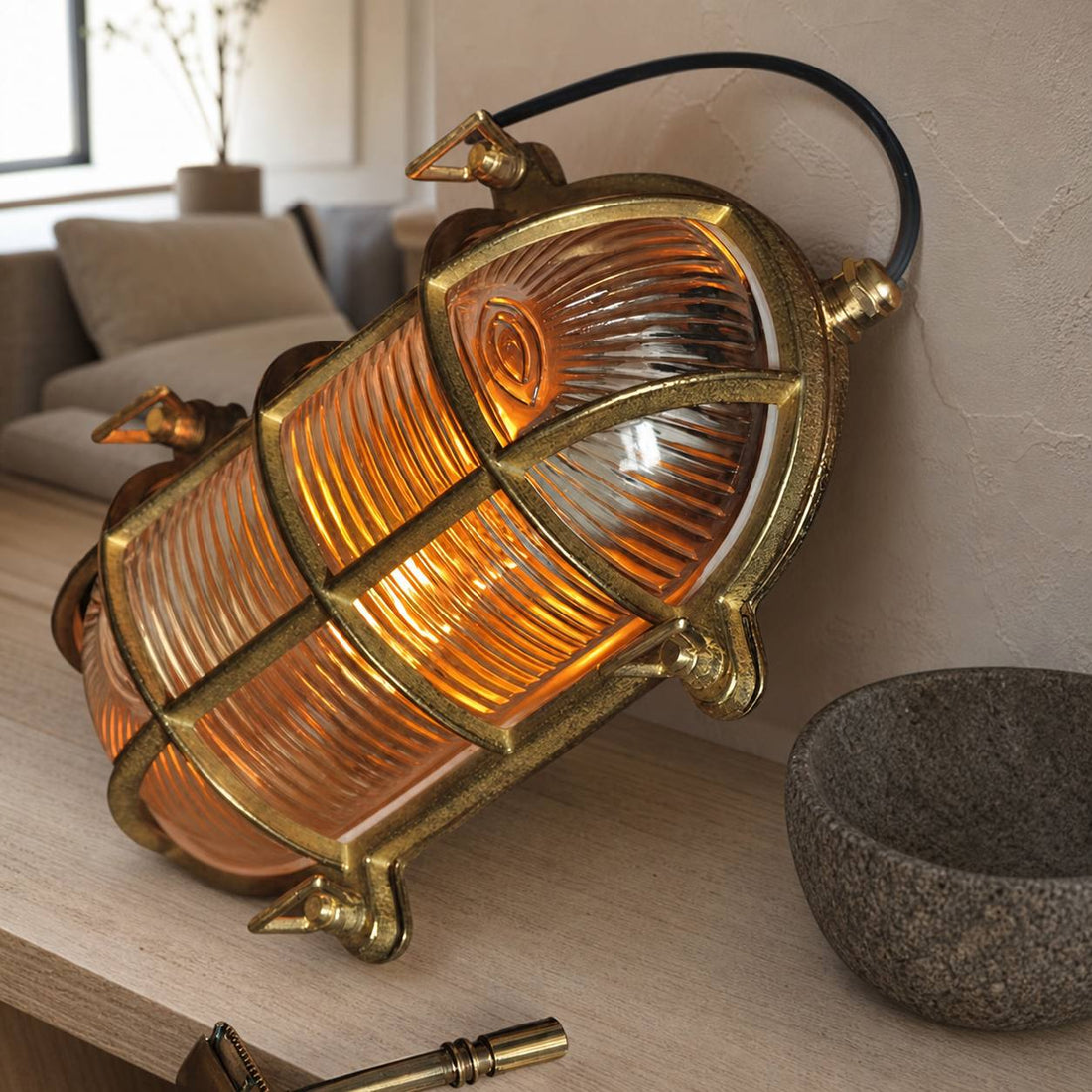 Ivoran Bulkhead Wall Sconce - Brass Caged Glass Vintage Industrial Light for Outdoor and Bathroom