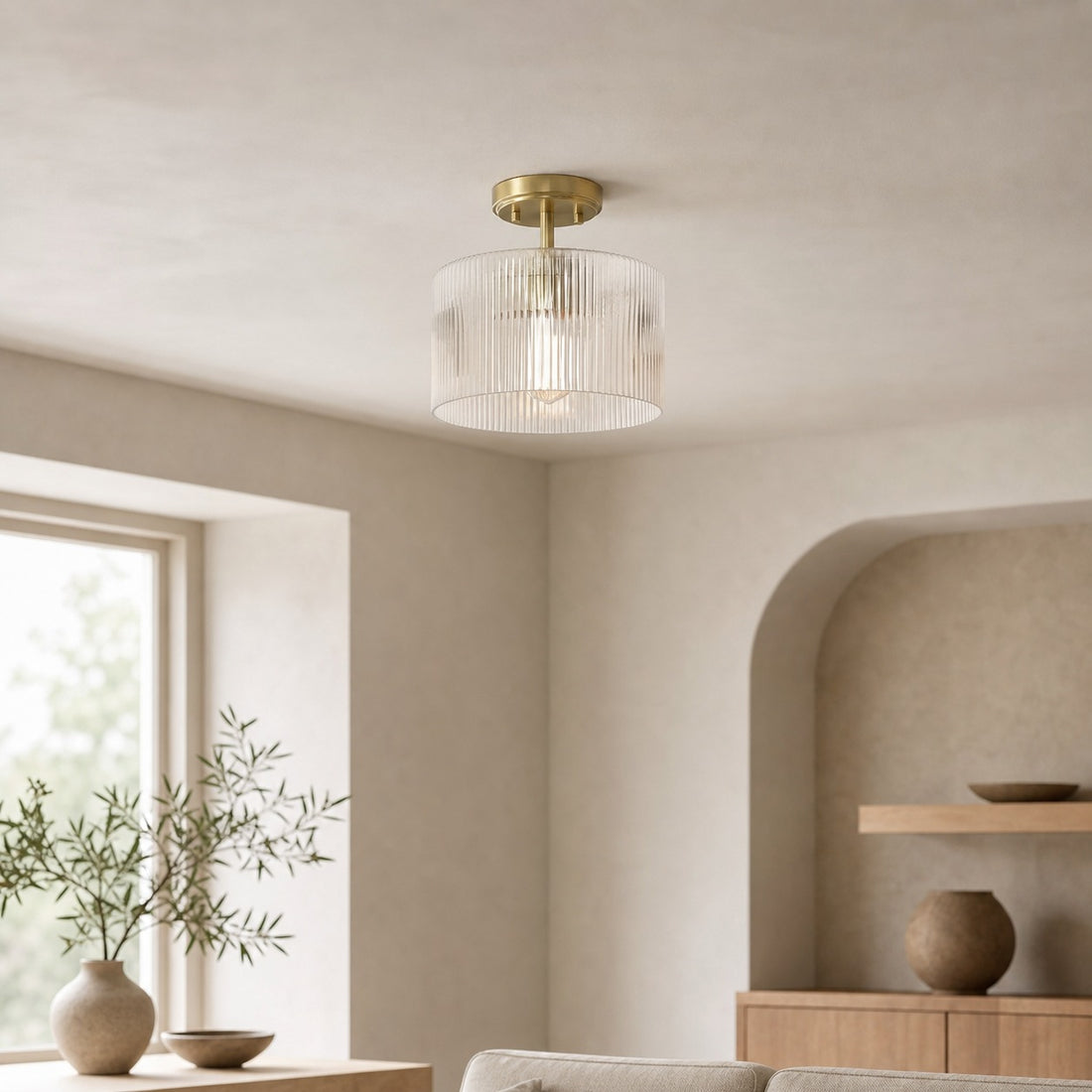 Rivora Ribbed Glass Semi Flush Ceiling - Modern Farmhouse Ceiling Light for Bedroom and Hallway U09