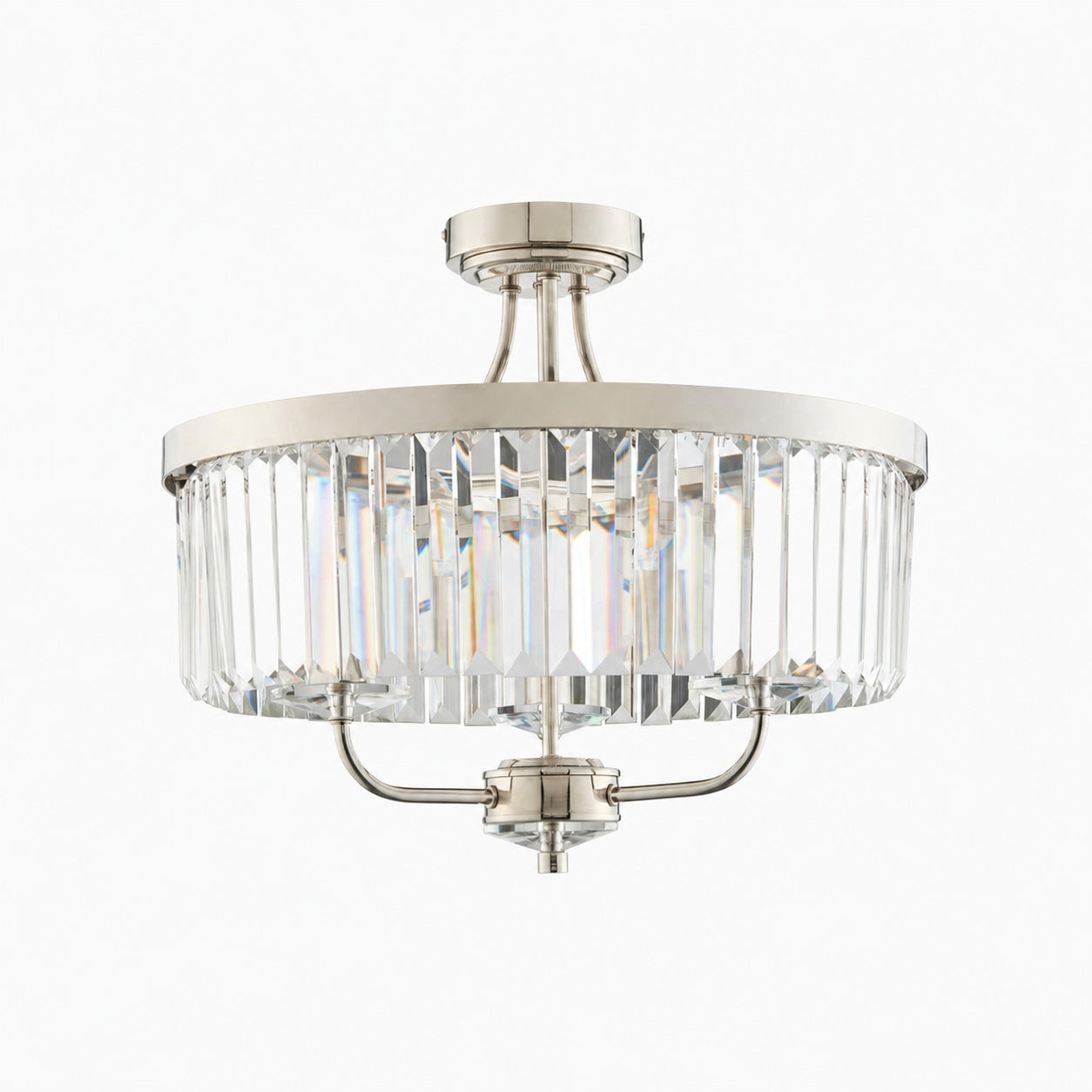 Beveline 3 Light Round Semi Flush - Faceted Cut Glass Shade Metal Finish for Hallways and Bedrooms