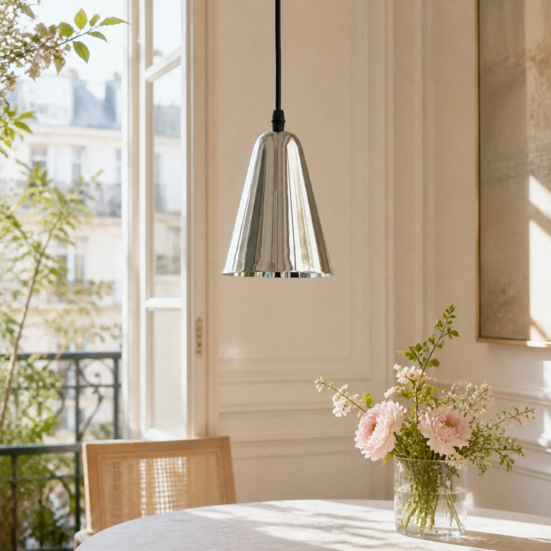 Polished chrome pendant light above a dining table