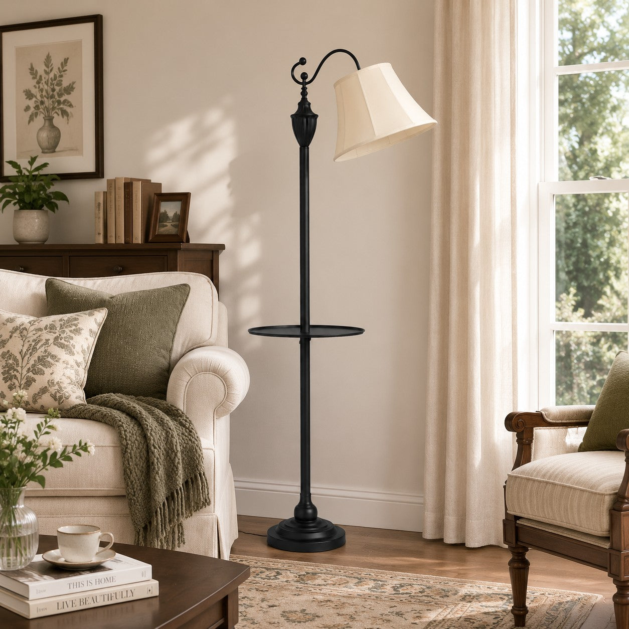 Beige fabric shade floor lamp beside a sofa in a bright living room