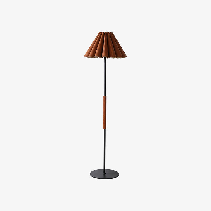 Caramel brown pleated leather floor lamp with black metal frame