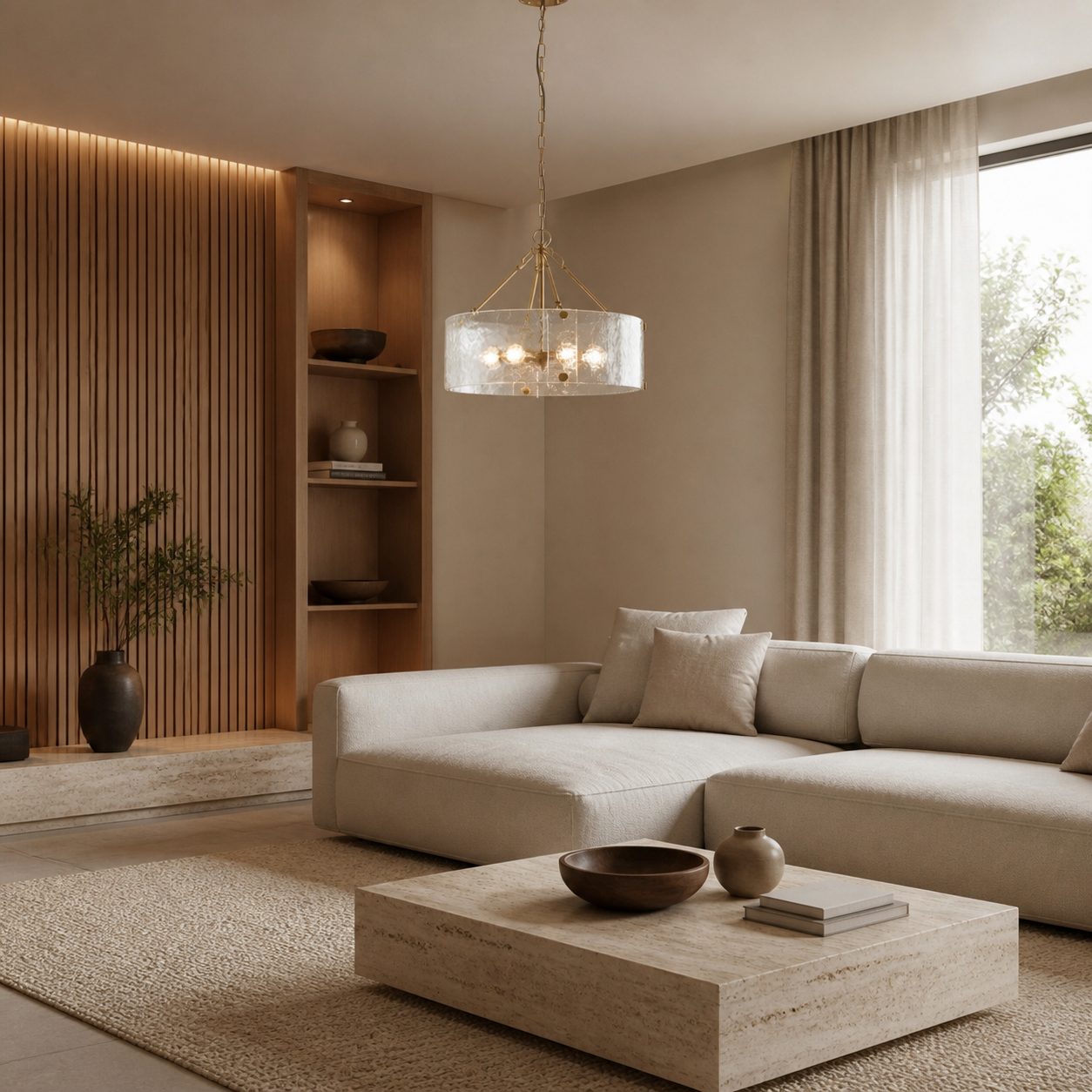 Panellux Decorative Pendant - Handcrafted Curved Glass Panels Brushed Brass Finish for Foyer