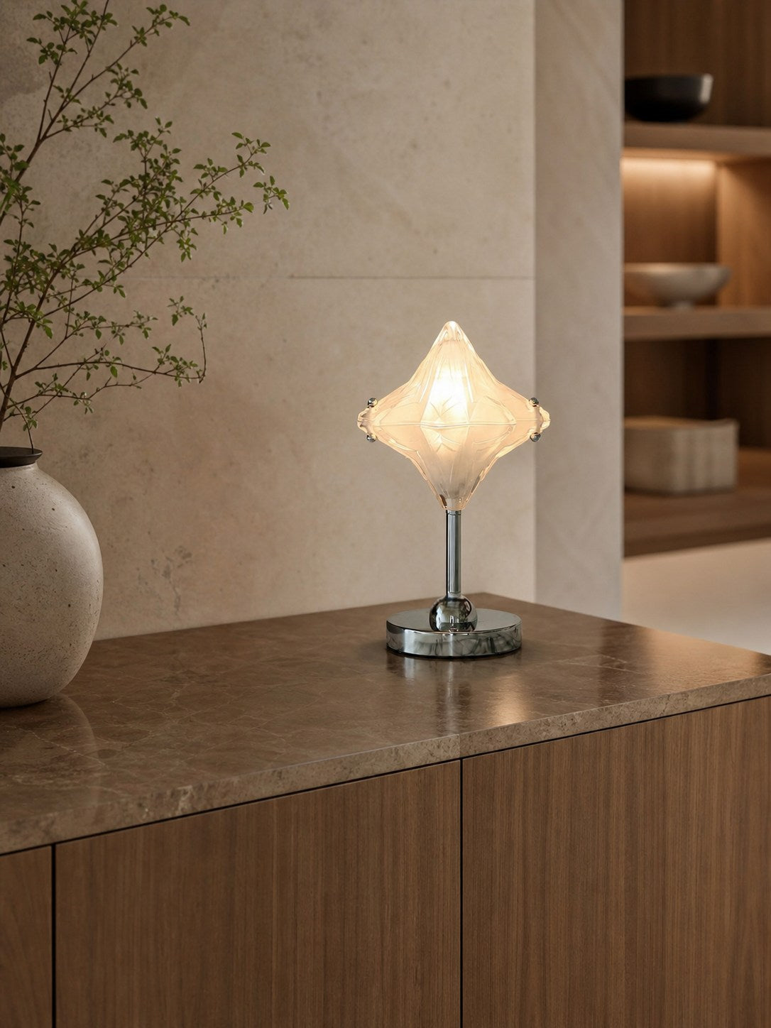 Art Deco Star Table Lamp - Frosted Glass Light for Modern Bedrooms - Astris Lyra