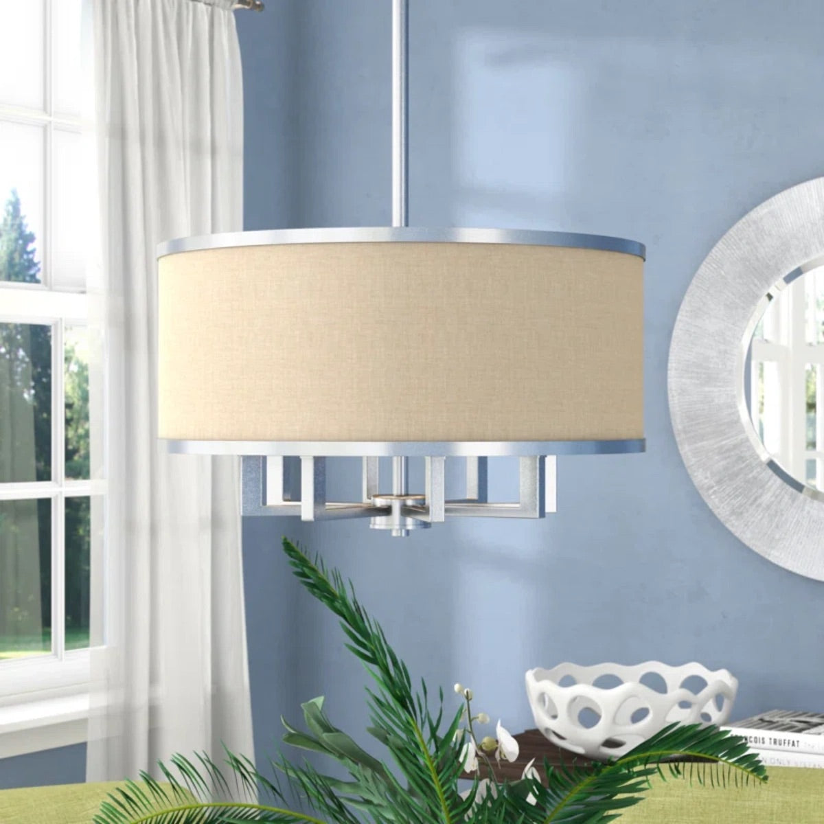 Large Drum Shade Fabric Chandelier For Dining Room