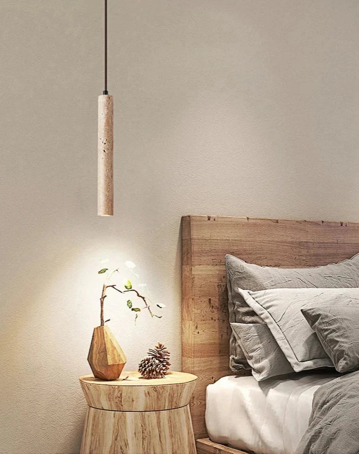 Japanese Wabi Sabi Yellow Travertine Cylinder 1-Light Pendant Light
