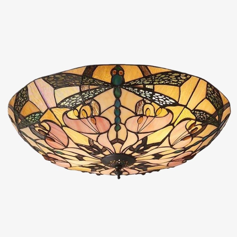 TF Ashton Tiffany Dragonfly Motif Tiffany Glass Flush Surface Mount - Transitional Style for Bedrooms and Lounge Spaces