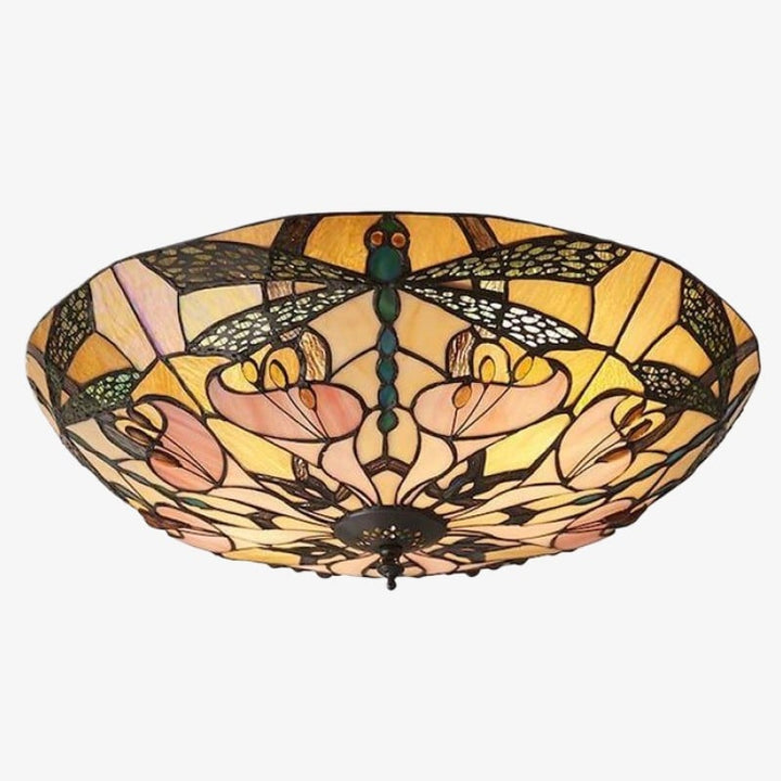 TF Ashton Tiffany Dragonfly Motif Tiffany Glass Flush Surface Mount - Transitional Style for Bedrooms and Lounge Spaces