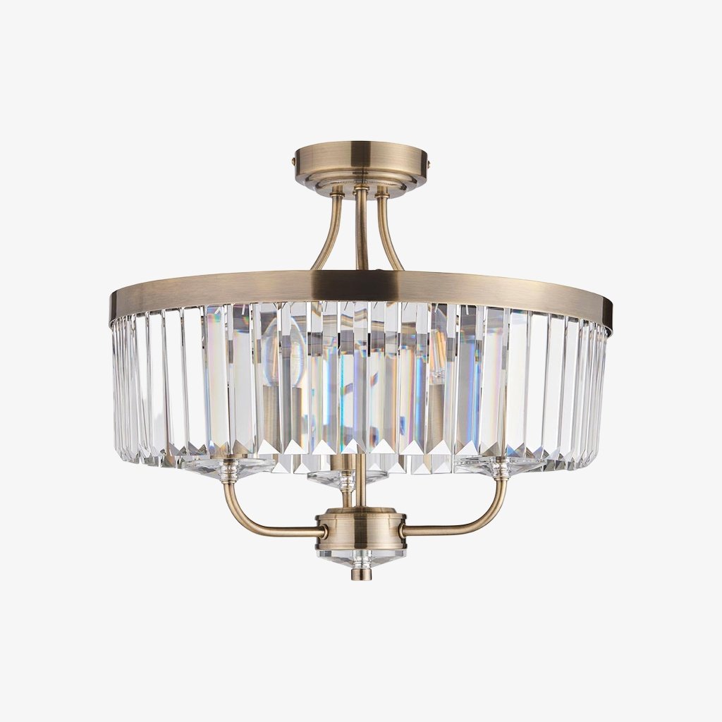 Beveline 3 Light Round Semi Flush - Faceted Cut Glass Shade Metal Finish for Hallways and Bedrooms