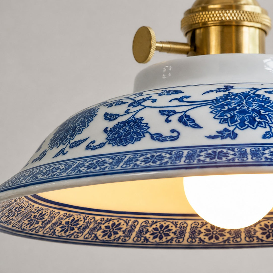 Blue And White Ceramic Pendant Light with Brass Accents