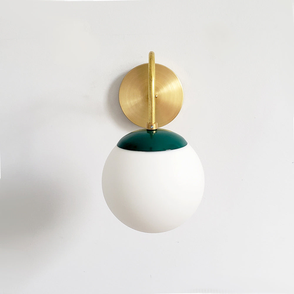 Brass Wall Lamp Sconce - Curved Arm with Handblown Frosted Glass