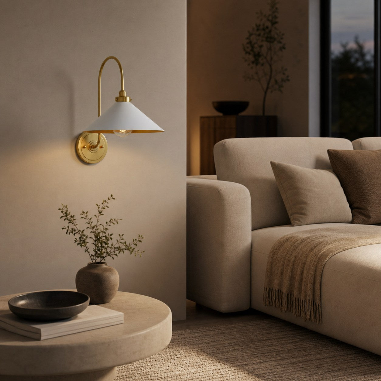 Ivoran Brass Gooseneck Wall Sconce - Curved Arm Dome Shade Light for Bedroom and Hallway
