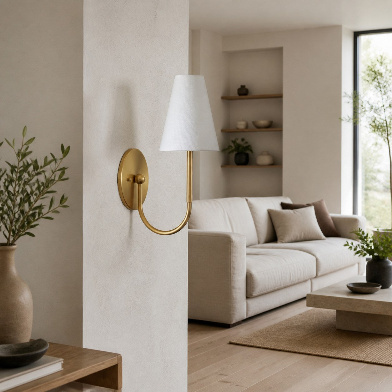 Curva Metal White Linen Sconce - Classic Brass Wall Light for Bedrooms