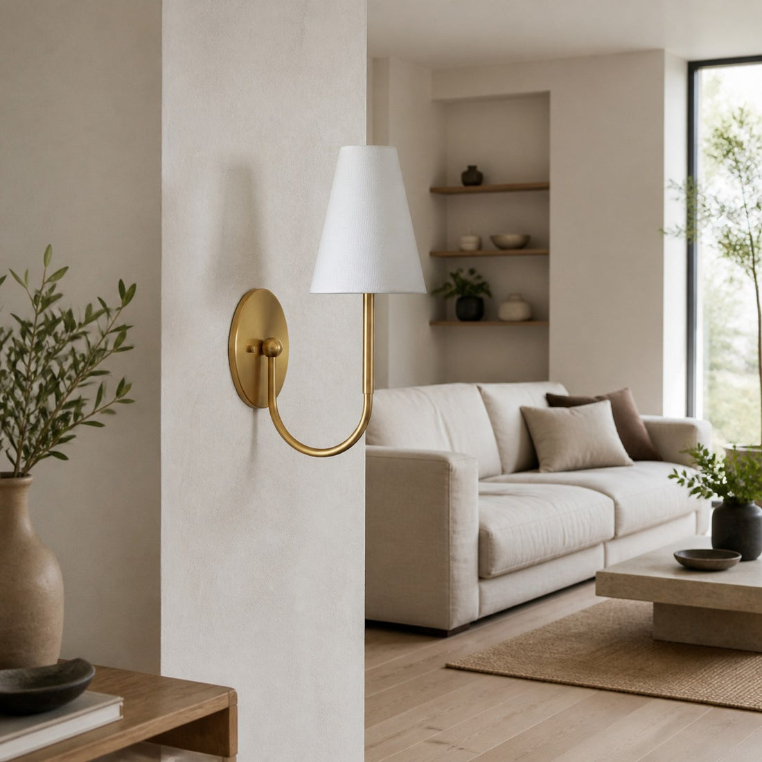 Curva Metal White Linen Sconce - Classic Brass Wall Light for Bedrooms