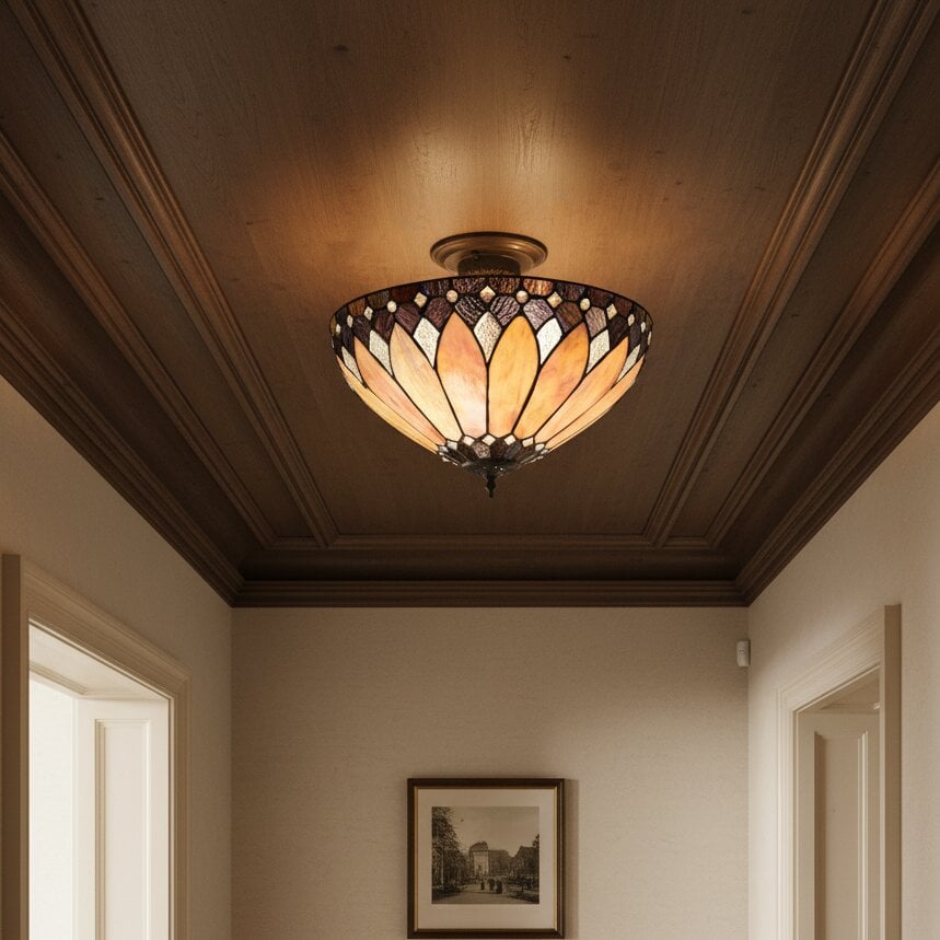 TF Brooklyn Tiffany Semi-flush Ceiling Light - Geometric Glass Shade for Hallways or Living Rooms