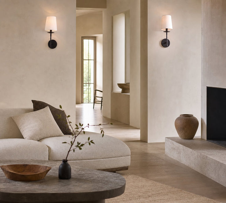 Rowan Bronze or Brass Wall Sconce - Iron Light with White Linen Shade for Home
