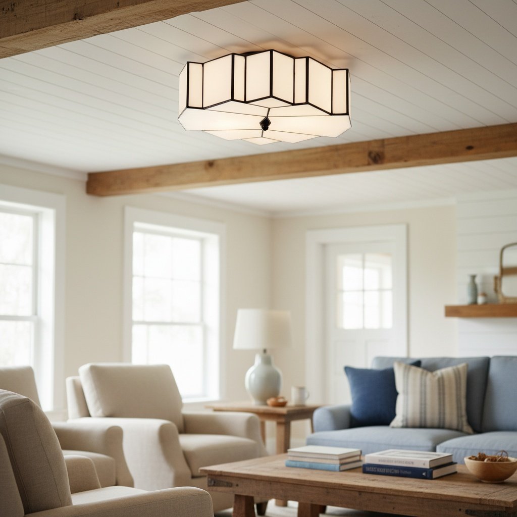 Kelsar Art Deco Tiffany Ceiling Light – Geometric Stained Glass Flush Mount Fixture for Living Room