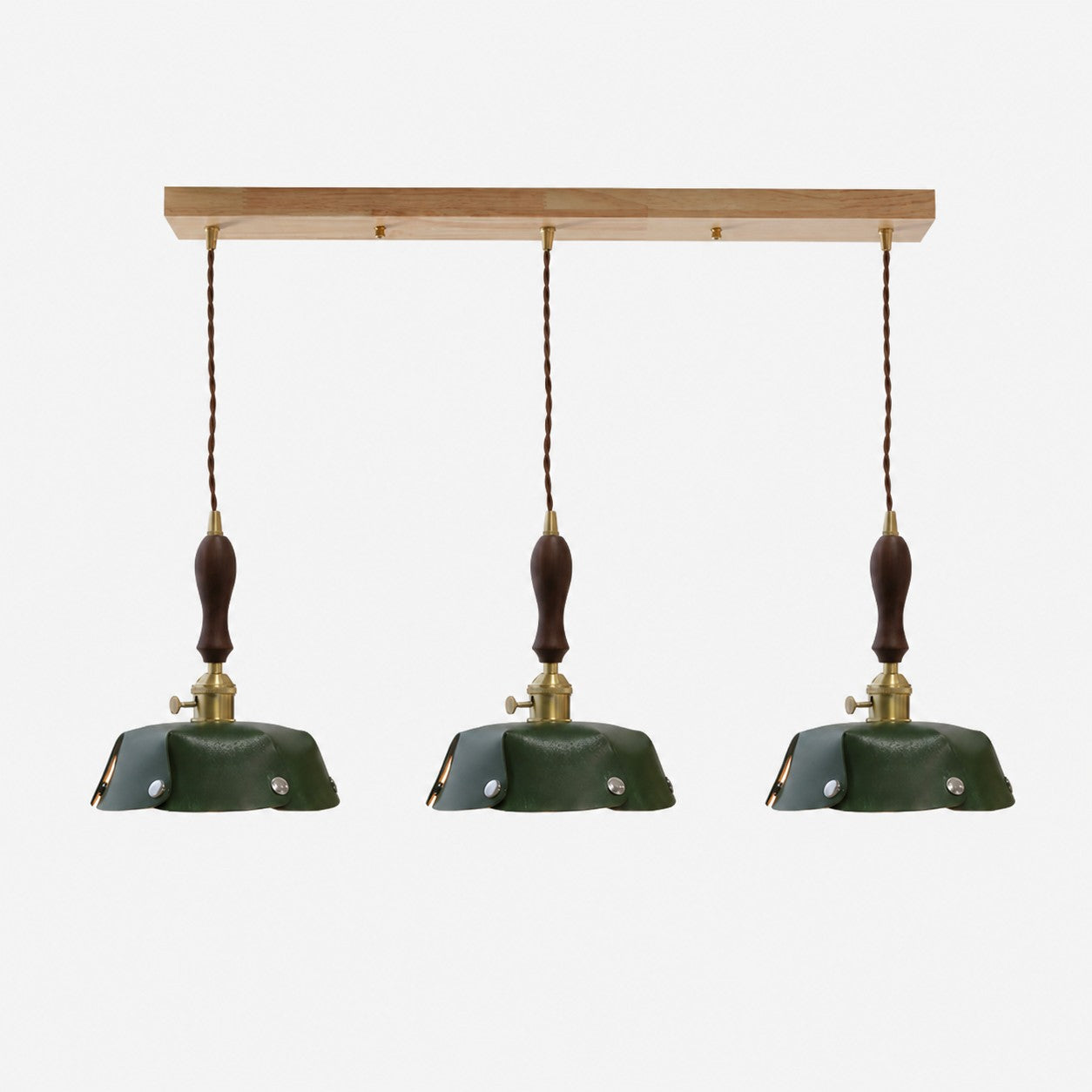 3-Light Linear Pendant Deep Green Leather Bar 100 cm / 39.4 in; Shade Dia. 30 cm / 11.8 in