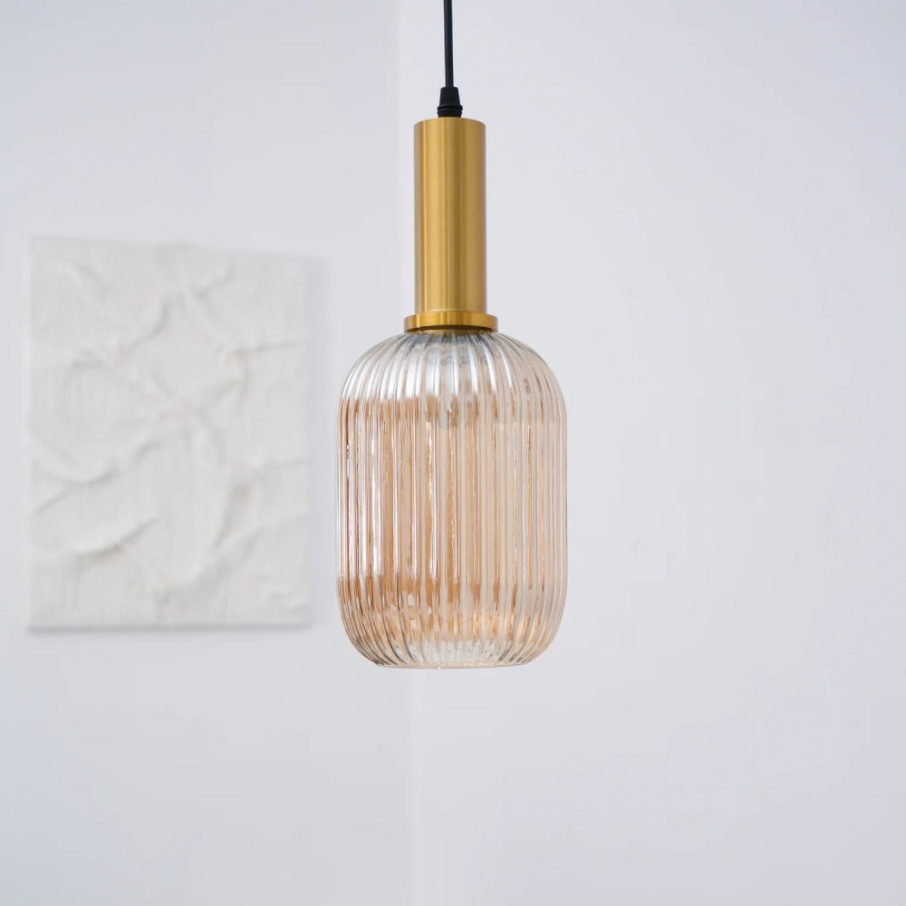 Ribbed Stained Glass Pendant Lamp – Retro Lantern Shape Hanging Light