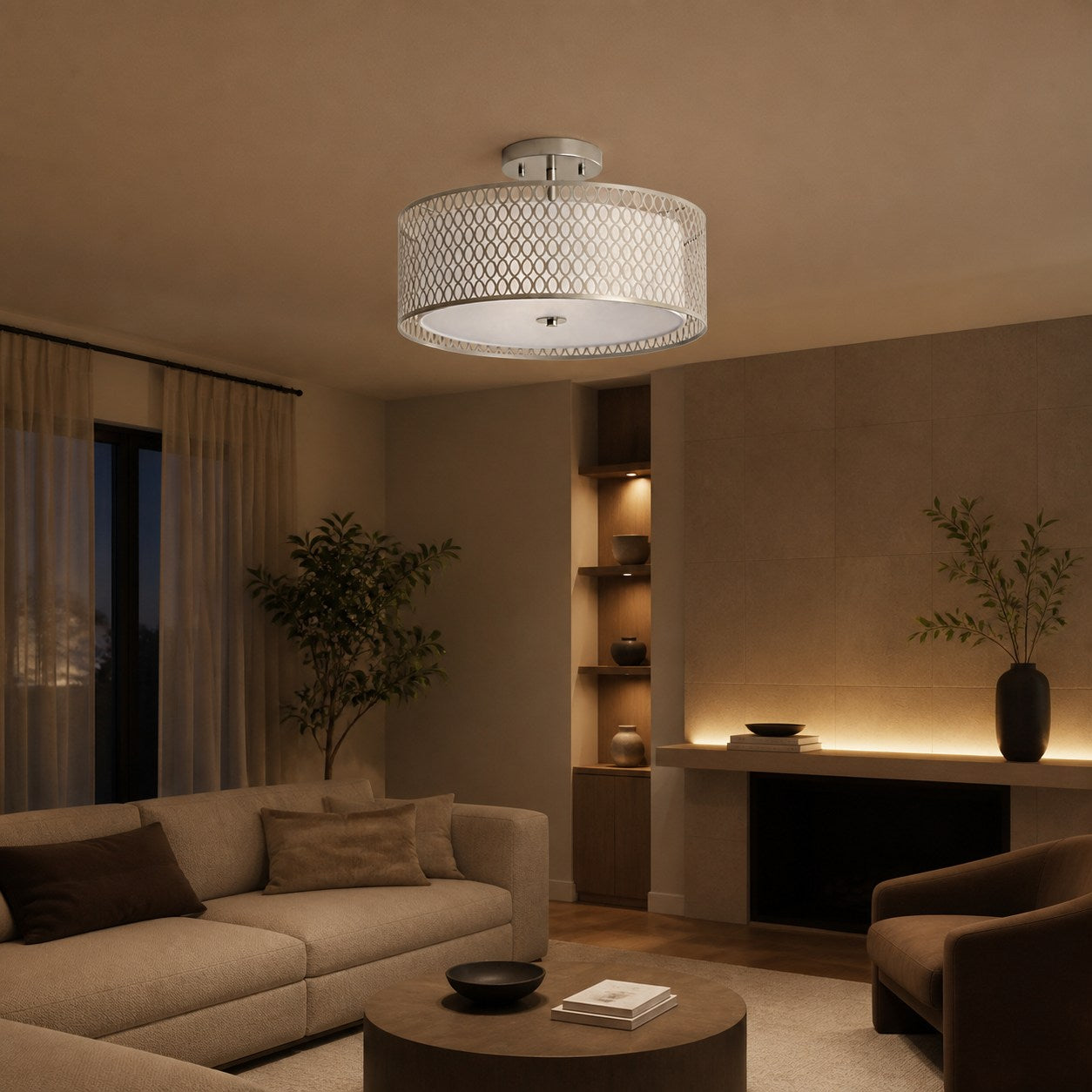 Liorin Geometric Mesh 3‑Light Flush Ceiling Light - Mesh Metal Frosted Lamp for Living Room or Hallway