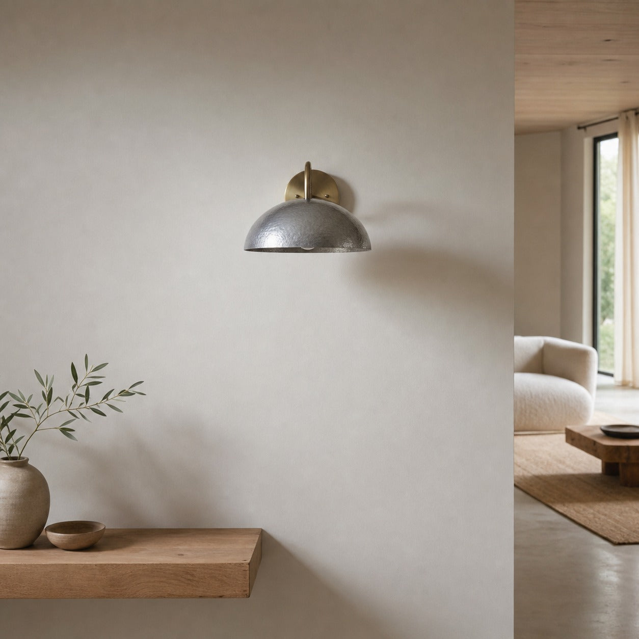 Curva Metal  Industrial Wall Sconce - Curved Brass Arm - Hammered Dome Light Fixture