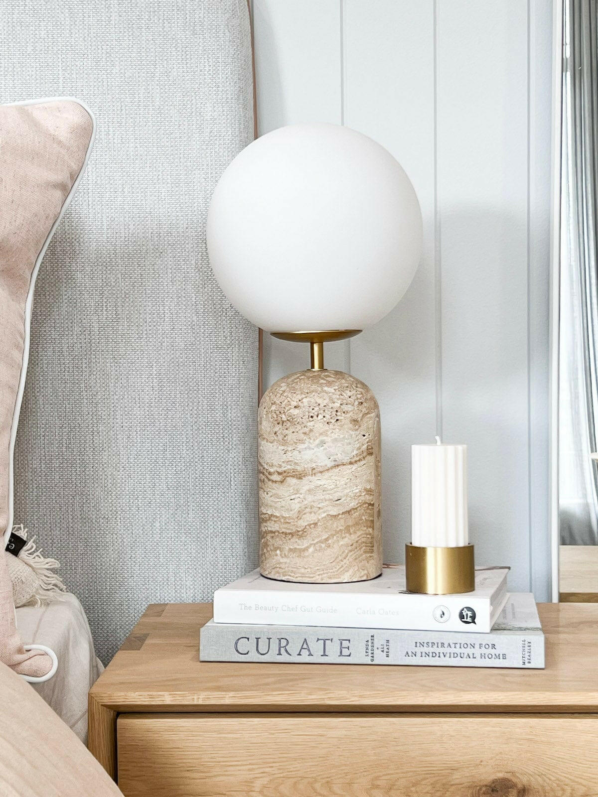 Modern Minimalist Travertine Base Glass Orb Table Lamp